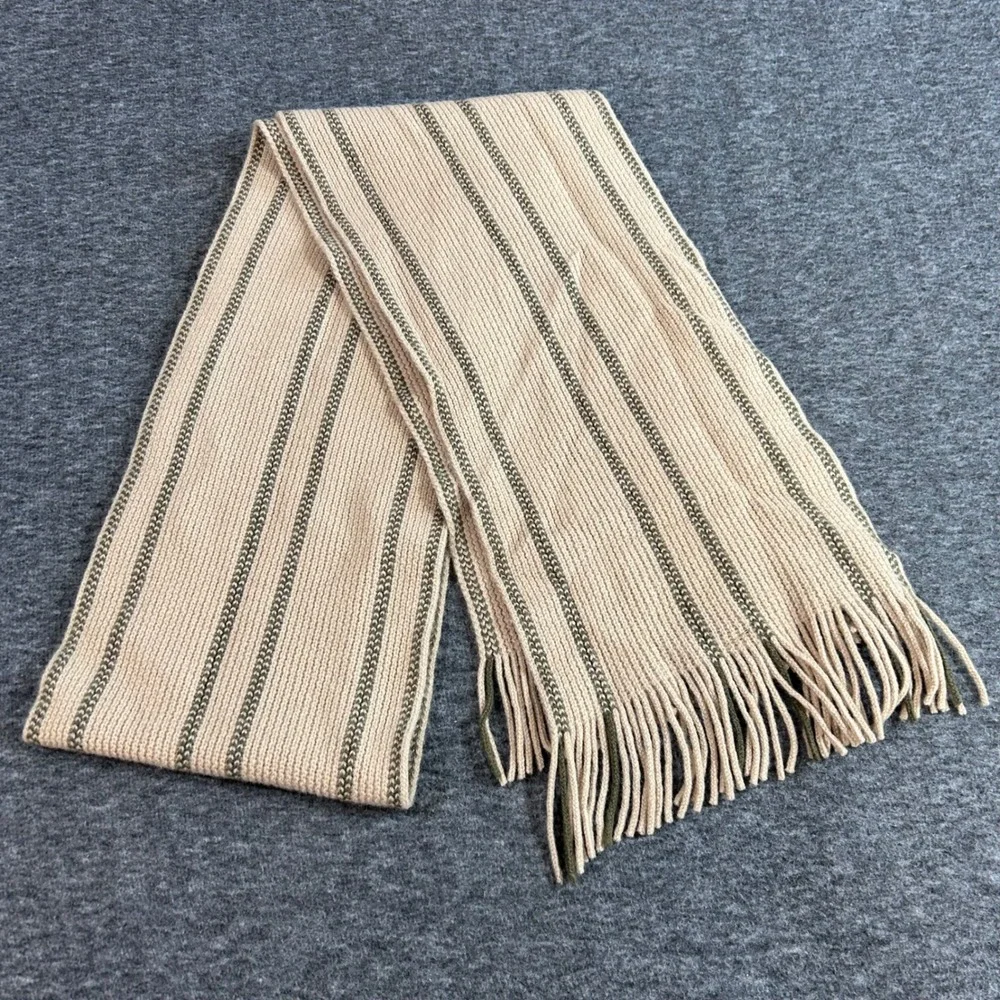 Gap Lambswool Blend Ribbed Knit Striped Fringe Scarf Tan Olive Green